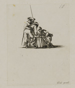 Drei Soldaten beim Würfelspiel auf einer Trommel