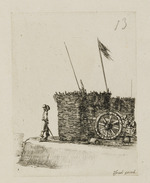 Kanone hinter Schanzkörben mit drei Soldaten