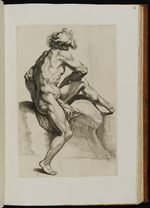 Männliche Akademiestudie im Profil auf einem Stein sitzend, das rechte Bein am Boden