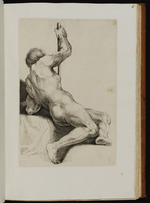 Sitzende männliche Aktstudie von hinten gesehen, mit einem Stock in der rechten Hand