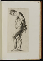 Stehende männliche Aktstudie im Profil, an den Händen gefesselt