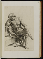 Sitzende männliche Aktstudie, den Kopf auf die Hand gestützt und die beine überschlagen